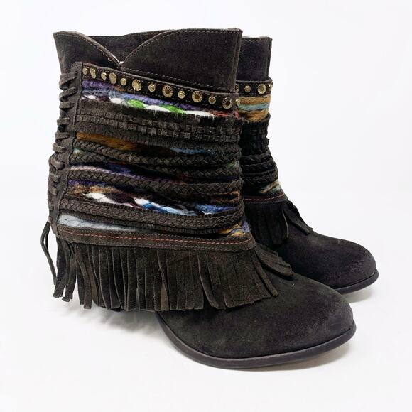 Naughty Monkey Dark Brown Suede Fringe Poncho Ankle Boot Colorful Size 9.5 BOHO - Picture 1 of 8